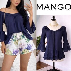 Mango | NWOT Navy Off-Shoulder Ruffled Bell Sleeve Blouse (size S)